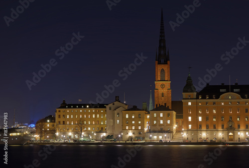 The medieval Church Riddarholmskyrkan built 1300, during evening/night in central Stockholm