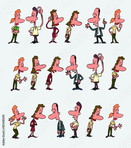 18 office workers characters in a different variations. The characters are angry, sad, happy, doubting. Vector illustration to isolated and funny cartoons characters.