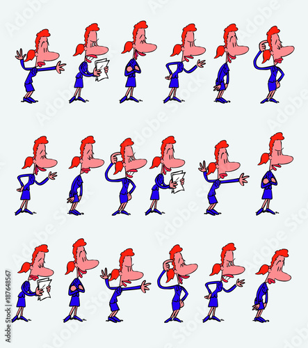 Female office worker character in a set with 18 variations. The character is angry, sad, happy, doubting. Vector illustration to isolated and funny cartoons characters.