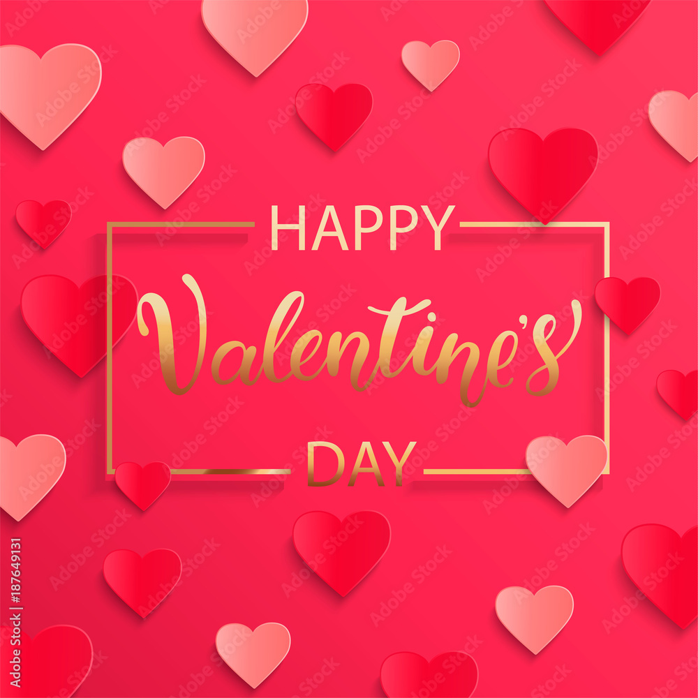 Card for happy Valentines day with lettering in gold square frame, poster template. Pink abstract background with hearts ornaments. February 14.Vector illustration.