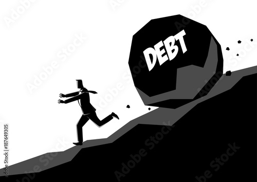 Businessman running away from large stone with message debt