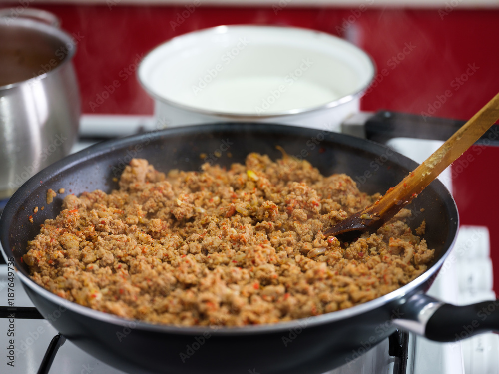 Minced meat in the frying pan Minced meat in the frying pan