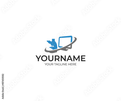 Microscope and monitor logo template. Scientific research vector design. Medical laboratory illustration