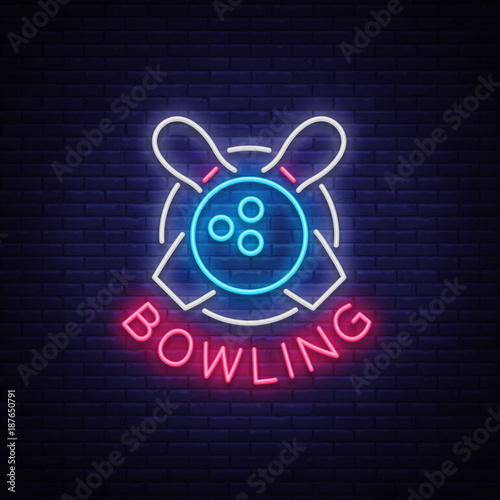 Bowling is a neon sign. Symbol emblem, Neon style logo, Luminous advertising banner, Night bright luminous billboard, Design template for the Bowling Club, Bowling Tournaments. Vector illustration.