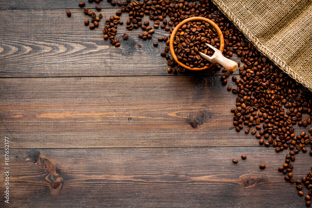 Fresh roasted coffee beans in bowl and scoop near canvas on dark wooden background top view copy space Fresh roasted coffee beans in bowl and scoop near canvas on dark wooden background top view copy space