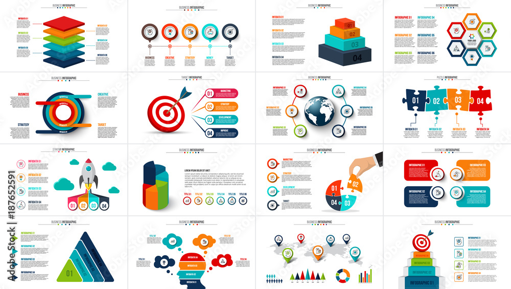 Vector startup infographics, diagram chart, graph and presentation. Business report with 4, 5, 6 and 7 options, parts, steps processes. Puzzle, circles, target, pyramid, map and timeline. Vector startup infographics, diagram chart, graph and presentation. Business report with 4, 5, 6 and 7 options, parts, steps processes. Puzzle, circles, target, pyramid, map and timeline.