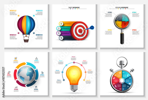 Vector startup, research, creative, earth and time infographics. Business report with 4, 5, 6 and 7 options, parts, steps processes. Balloon, bulb, target, stopwatch and magnifier.