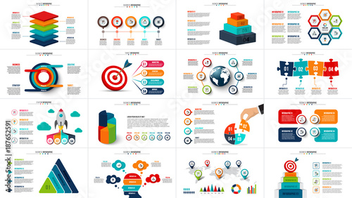 Vector startup infographics, diagram chart, graph and presentation. Business report with 4, 5, 6 and 7 options, parts, steps processes. Puzzle, circles, target, pyramid, map and timeline.