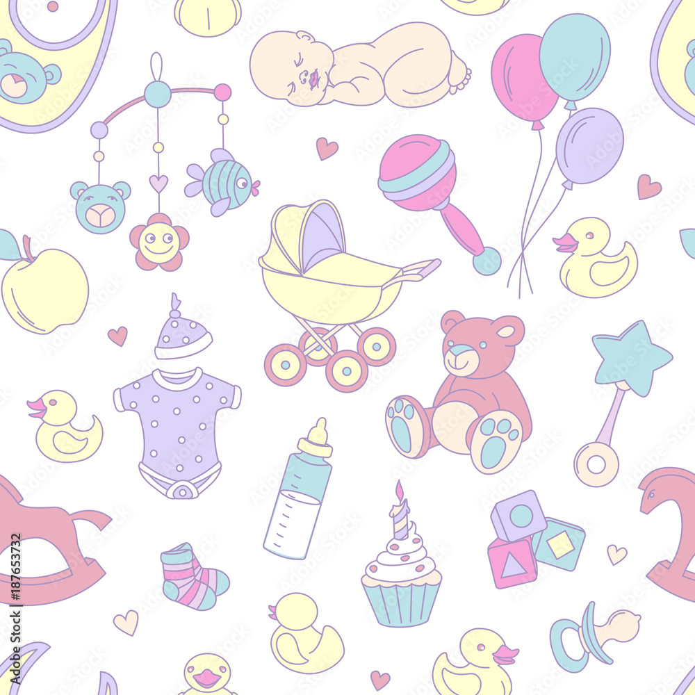 Newborn baby shower seamless pattern for textile, print, greeting cards, wrapping paper, wallpaper. For boy or girl birthday celebration party. Vector illustration design line scetch stile