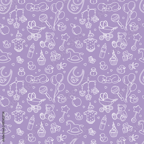 Newborn baby shower seamless pattern for textile, print, greeting cards, wrapping paper, wallpaper. For boy or girl birthday celebration party. Vector illustration design line scetch stile