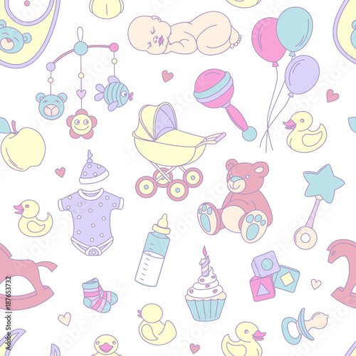 Newborn baby shower seamless pattern for textile, print, greeting cards, wrapping paper, wallpaper. For boy or girl birthday celebration party. Vector illustration design line scetch stile