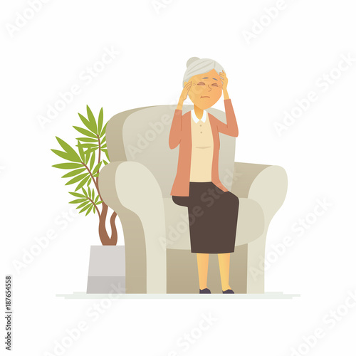 Senior woman with a headache - cartoon people characters isolated illustration