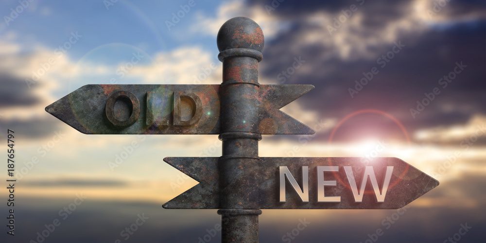 Old and new written on signposts isolated on sunset background. 3d illustration - obrazy, fototapety, plakaty 