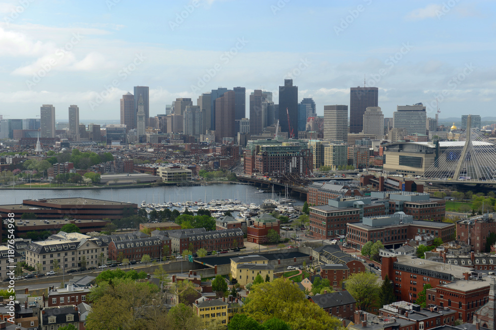 Boston City Skyline aerial view including Custom House and Financial District skyscrapers, from the top of Bunker Hill Monument, Boston, Massachusetts, USA.