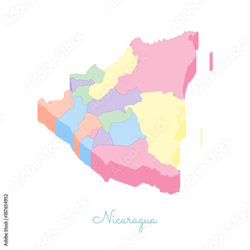 Nicaragua region map: colorful isometric top view. Detailed map of Nicaragua regions. Vector illustration.