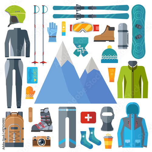 Winter sportswear and equipment icon set. Skiing, snowboarding vector isolated. Ski resort elements in flat design illustration