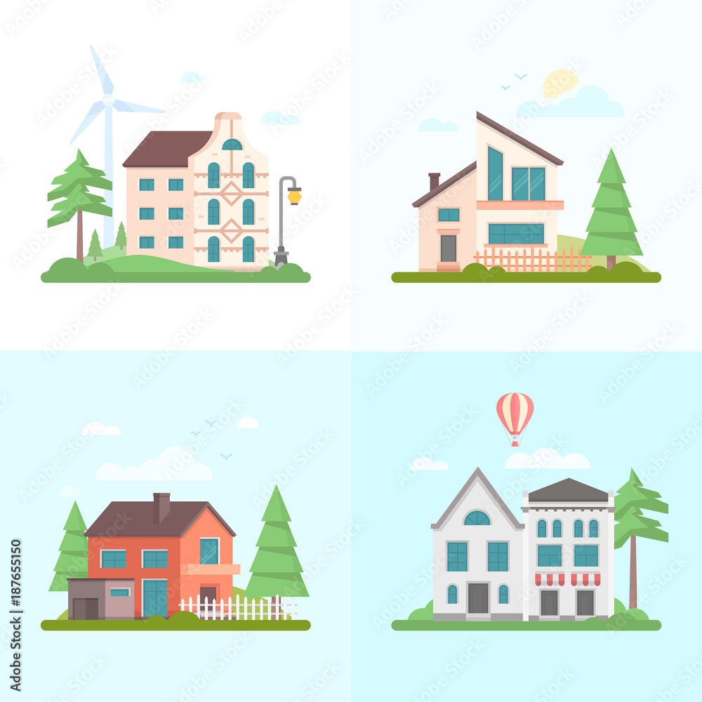 Naklejka premium Nice buildings - set of modern flat design style vector illustrations
