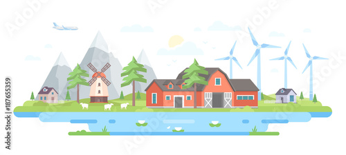 Farm by the mountains - modern flat design style vector illustration