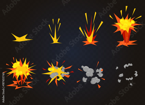 Vector cartoon front boom explosion effect with smoke. Flash explode animation for game.
