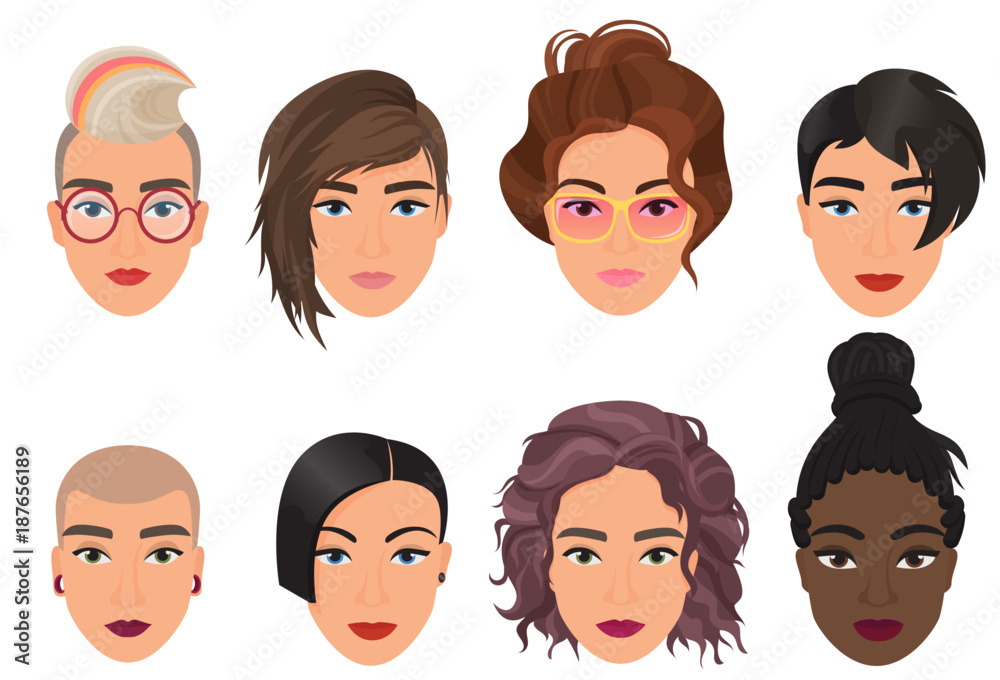 Woman female avatar set vector illustration. Modern multiethic beautiful young girls portrait with different fashion hair style. Woman female avatar set vector illustration. Modern multiethic beautiful young girls portrait with different fashion hair style.