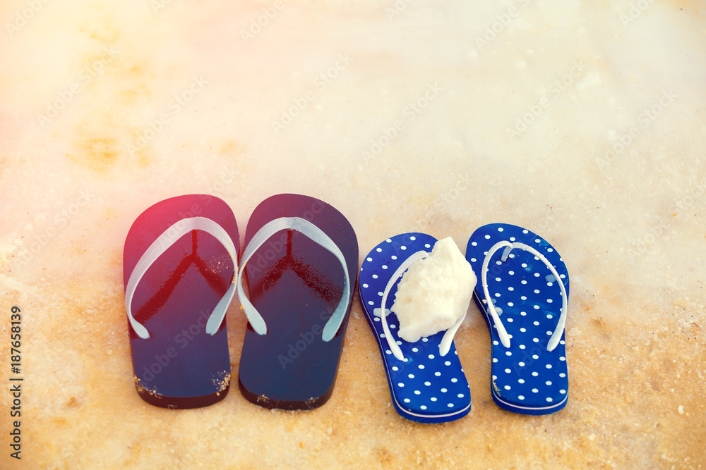 Naklejka premium Salty seashore. Flip-flop sandals on the Dead sea beach
