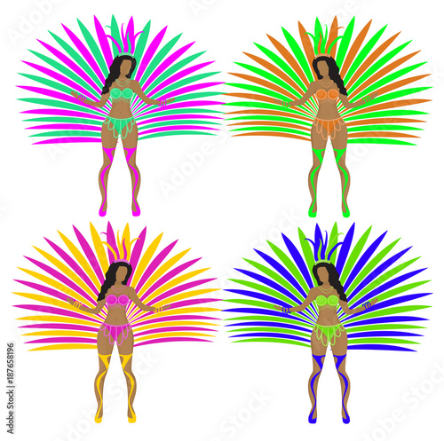 Girls in carnival costumes. Brazilian samba dancers. Rio de Janeiro women dancing. Isolated on white background. Vector illustration