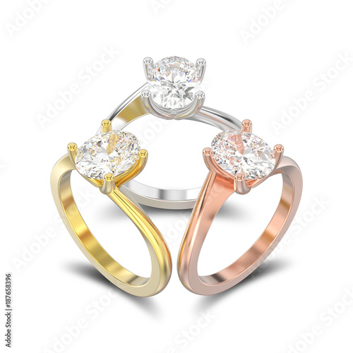 3D illustration isolated three yellow, rose and white gold or silver engagement illusion twisted rings with diamonds with shadow