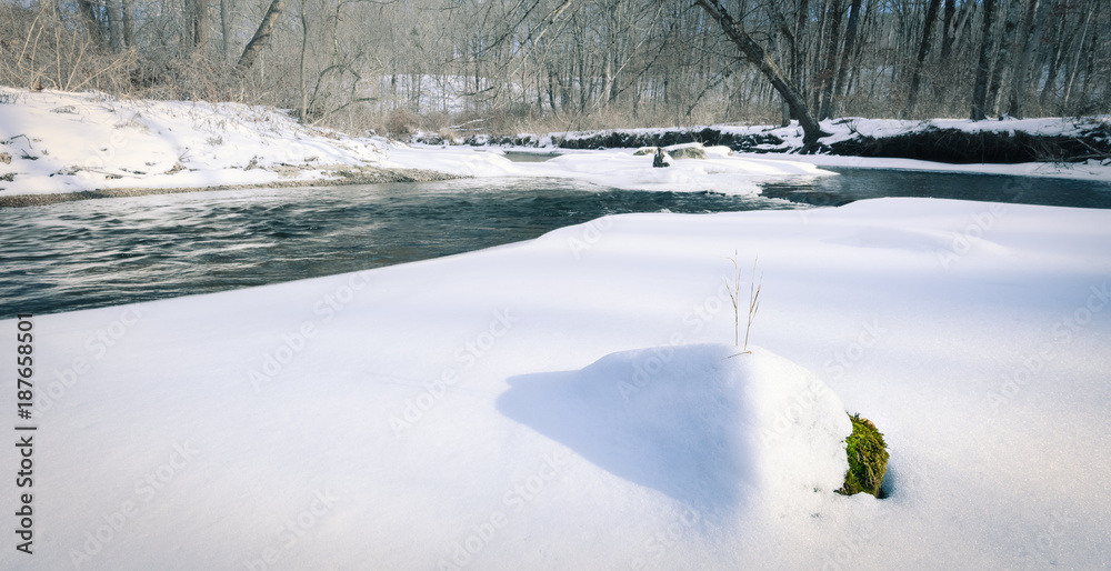 Obraz premium The Flat Brook in the Flatbrook Fish and Wildlife Management Area in Sandyston, NJ, on a cold winter morning