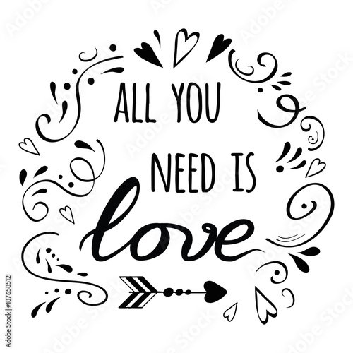 Valentines day greeting card with positive phrase decorated abstract hand drawn romantic ornament. Logo, sign, print
