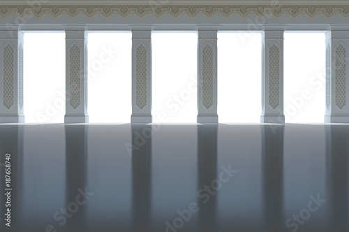 A beautiful colonnade with columns and carved in Arabic style. Isolated on white. Isolated on white. 3D render