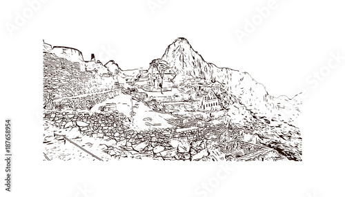 Machu picchu, Peru, landscape, vintage engraved illustration, hand drawn, sketch