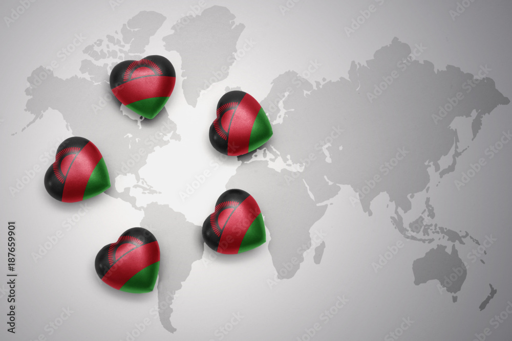 five hearts with national flag of malawi on a world map background five hearts with national flag of malawi on a world map background
