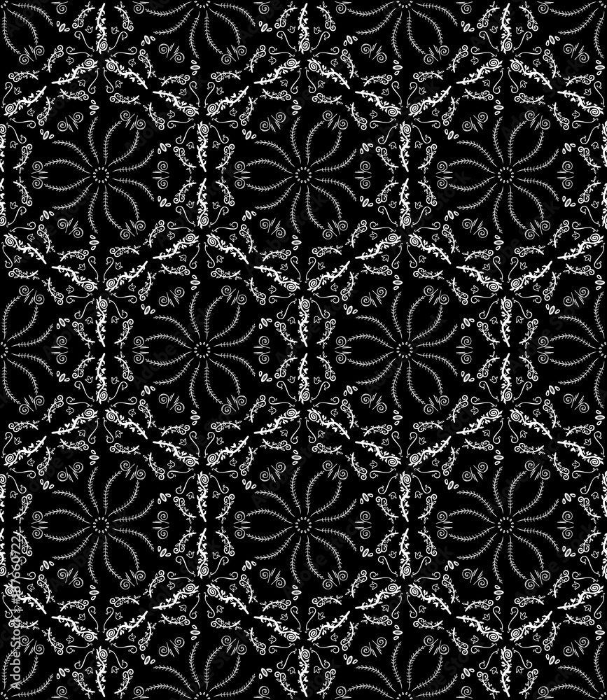 Fototapeta premium Kaleidoscope pattern vector. Psychedelic design element for wallpaper, scrapbooking, fabric. Monochrome background.