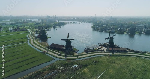 Zaandam Zaanse Schans, Aerial view of the windmills one of the most popular tourist attractions in Netherlands, Holland, Europe