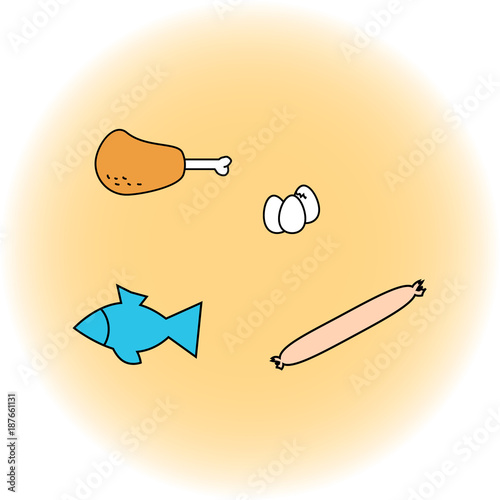 Set of food ham, sausage, eggs, fish. Illustration in the style of children s drawing. Vector graphics