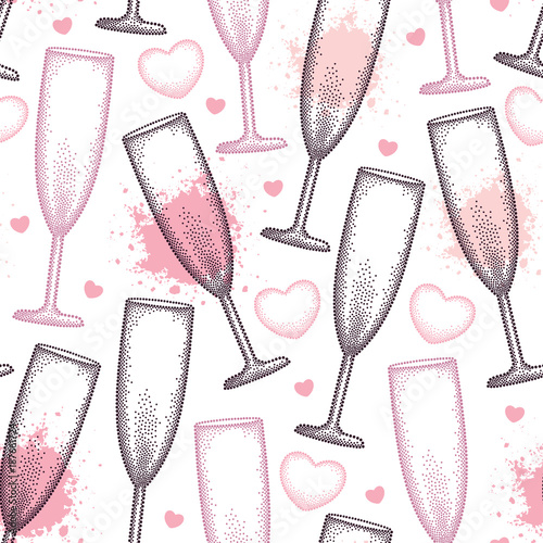 Vector seamless pattern with dotted champagne glass and heart in pastel pink on the white background. Pattern in dotwork style with champagne glasses for winery and holiday Valentines design.