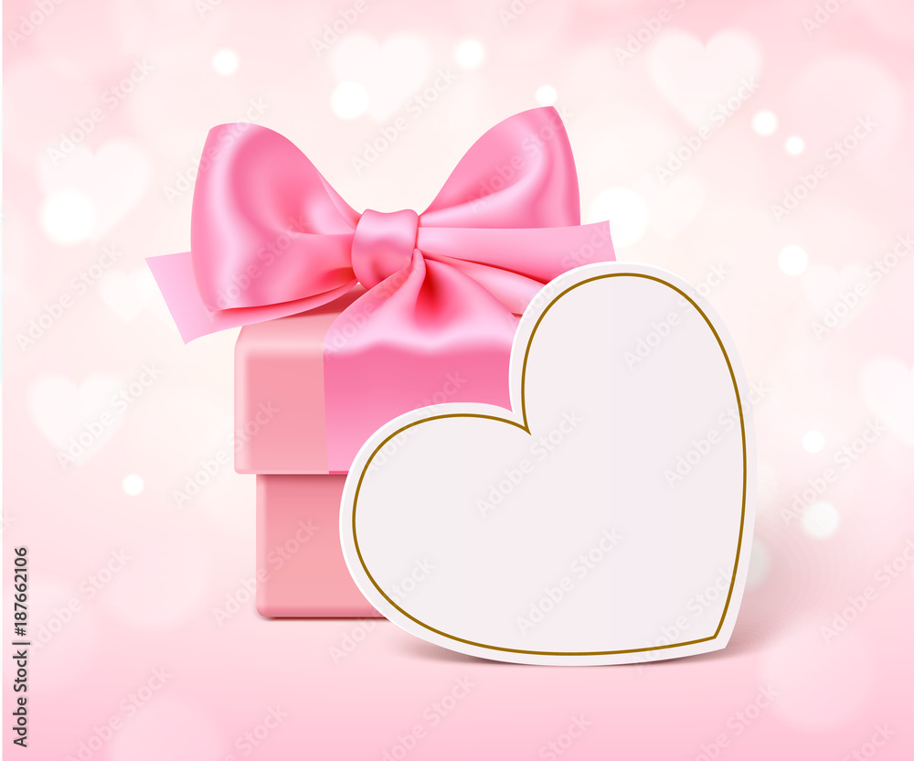 Pink present with empty heart tag for wedding or Valentines day design. Vector gift box on pink background