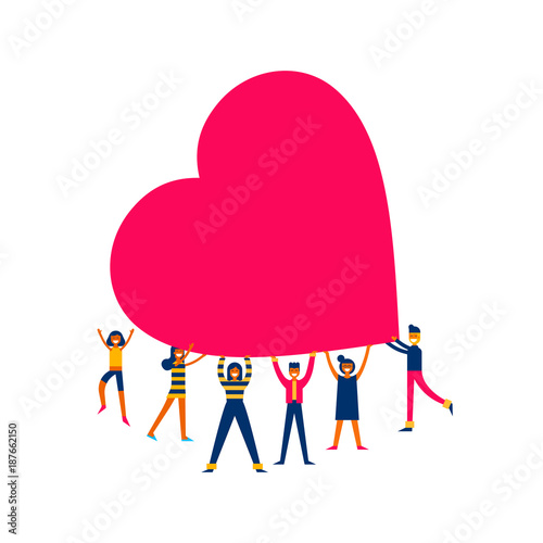 Group of people hold big heart love concept illustration