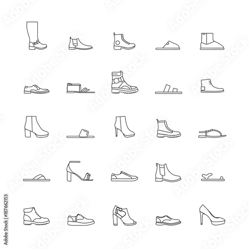 Shoes outline Icons isolated on white background. Vector illustration with boots, sneakers and slippers in line style. Modern fashion objects.