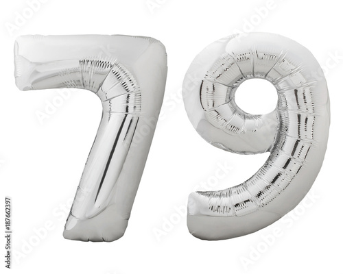 Silver number 79 seventy nine made of inflatable balloon isolated on white photo