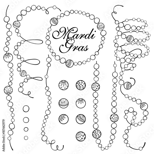 Vector set with outline Mardi Gras beads in black isolated on white background. Ornate bead in contour style for celebration design and coloring book. Symbol of Mardi Gras masquerade.