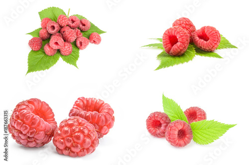 Set of ripe red raspberries close-up isolated on white background