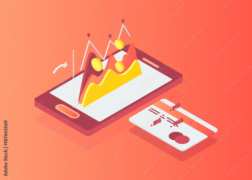 Obraz premium Flat isometric shopping cart on Smartphone screen