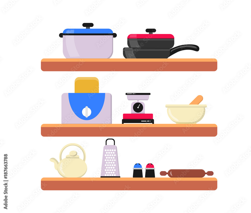 Kitchen wooden shelves with utensils.