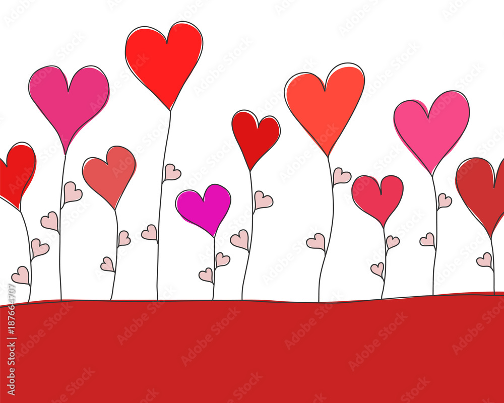 Greeting card for St. Valentine Day with red flowers hearts, stock vector illustration