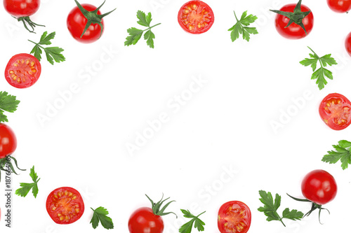 Cherry small tomatoes with parsley leaves isolated on white background with copy space for your text. Top view. Flat lay © kolesnikovserg