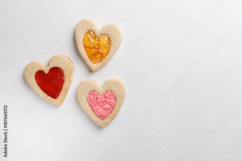 Pastries in shape of heart. St Valentine’s Day conception. Top view with copy space for text Pastries in shape of heart. St Valentine’s Day conception. Top view with copy space for text