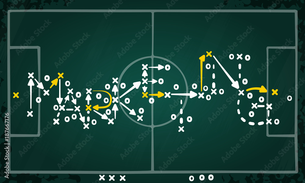Marketing strategy concept vector with white and yellow marks on soccer tactic chalkboard 
