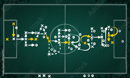 Leadership strategy concept vector with white and yellow marks on soccer tactic chalkboard