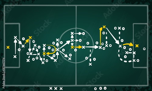 Marketing strategy concept vector with white and yellow marks on soccer tactic chalkboard 